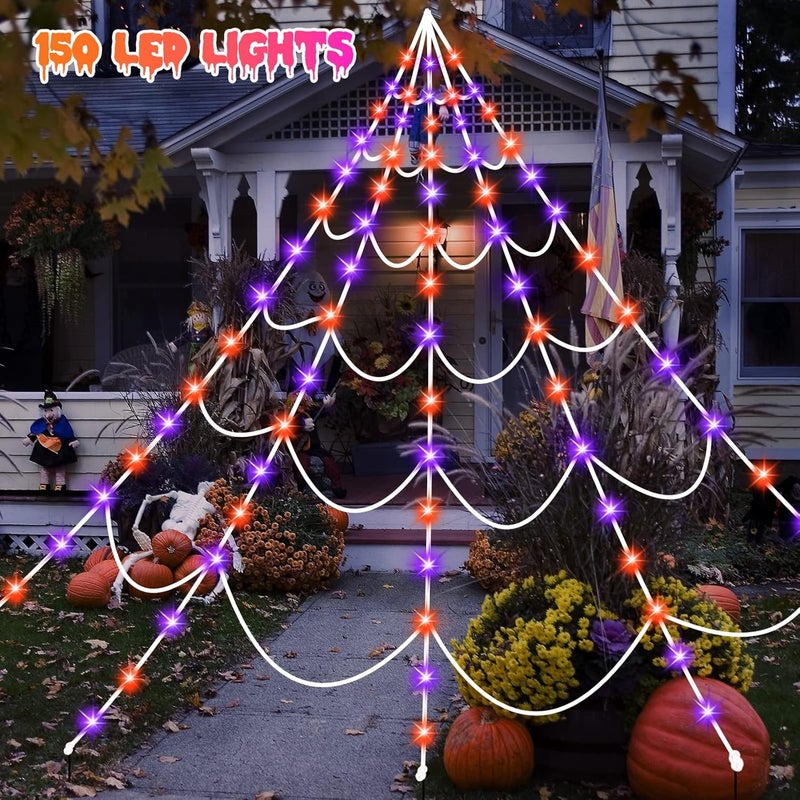 Zivilic Halloween Spider Web Lights 150 LED Lighted Spider Web Giant 16.4 Ft Halloween Decorations Light up with 8 Lighting Modes Waterproof & Timer Outdoor Indoor Yard Haunted House Decor, Purple & Orange - Image 2